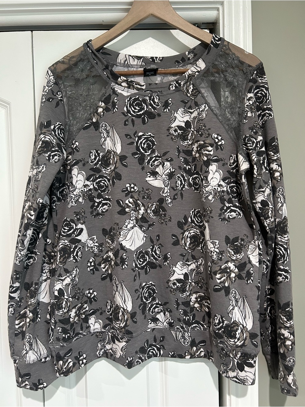 Disney Gray Floral Princess Lace Shoulder Pullover